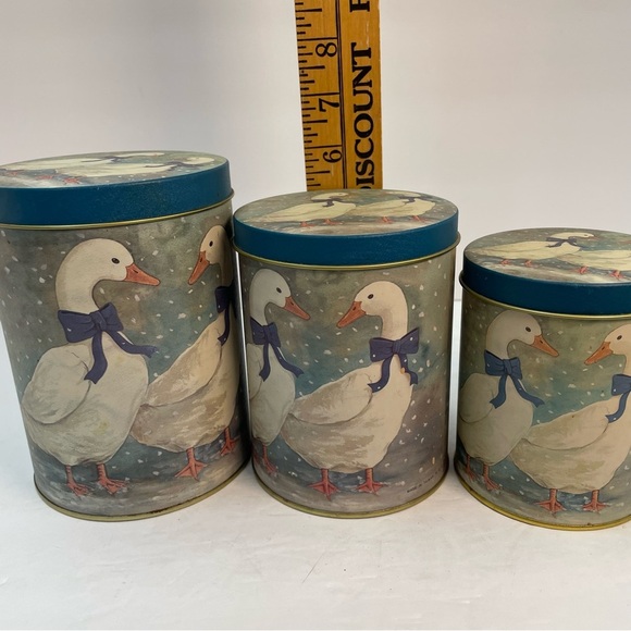 Vintage R.O.C Nesting Snow Goose Geese Storage Tins blue bow - Picture 4 of 9